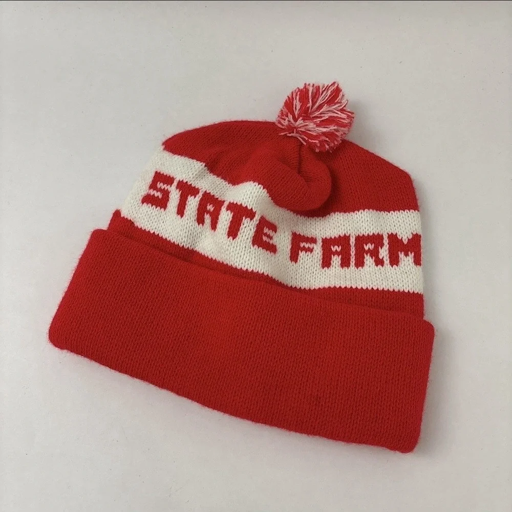 Vintage State Farm Knitted Beanie Acrylic Red And White